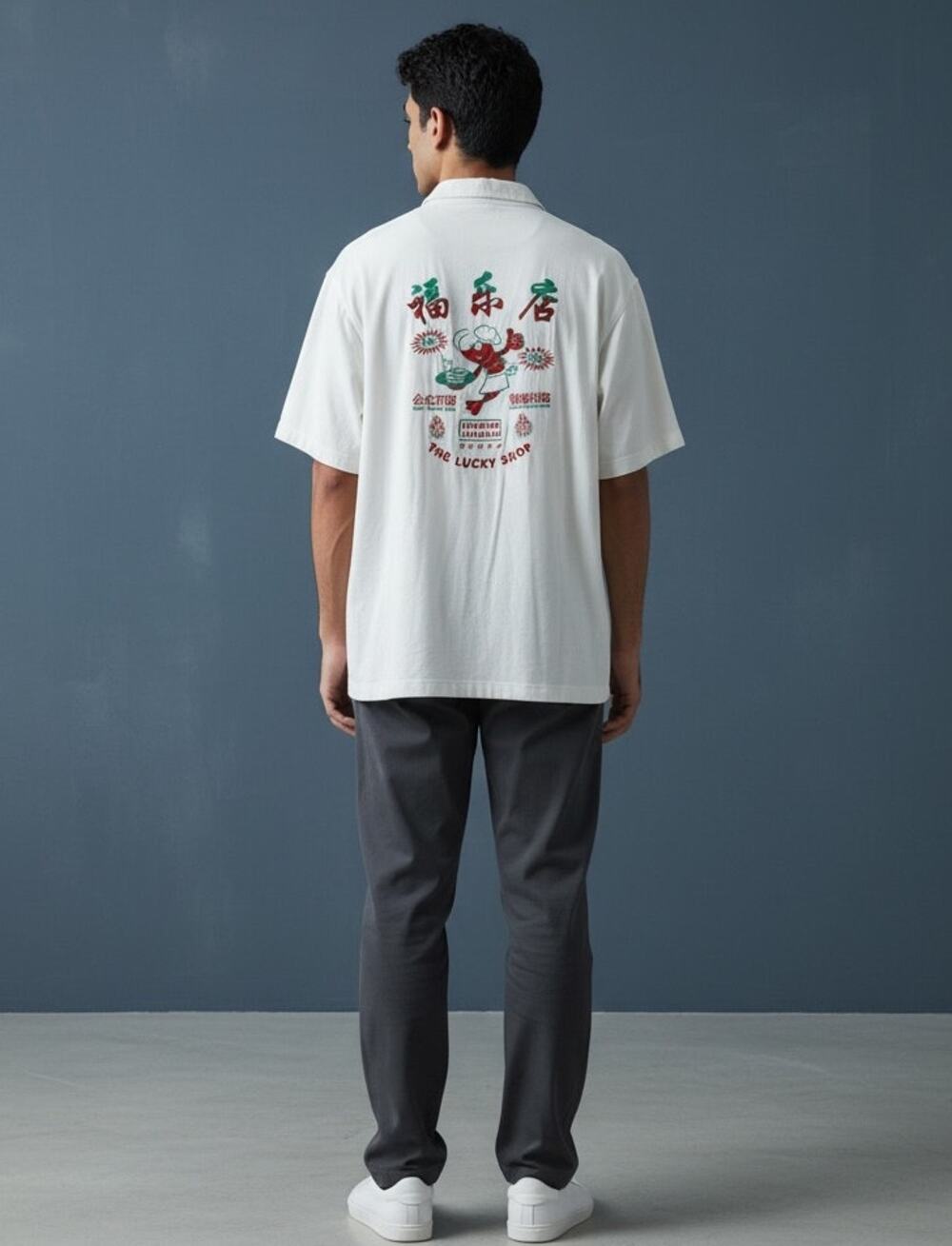 Jungles Lucky Shop Button Shirt XL Camp Collar Embroidered Graphic White Cotton